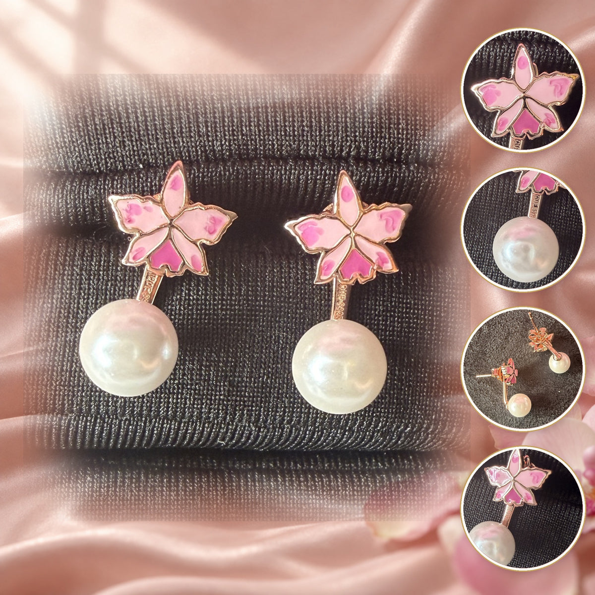 cattleya orchid stud earrings, pearl, pink enamel, 18K gold plated sterling silver – Orchidique