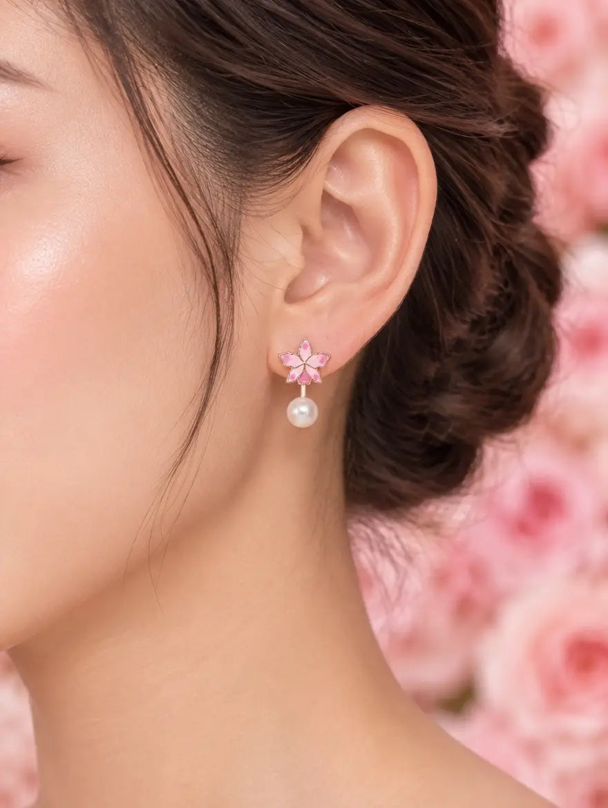 cattleya orchid stud earrings, pearl, pink enamel, 18K gold plated sterling silver, worn on model – Orchidique