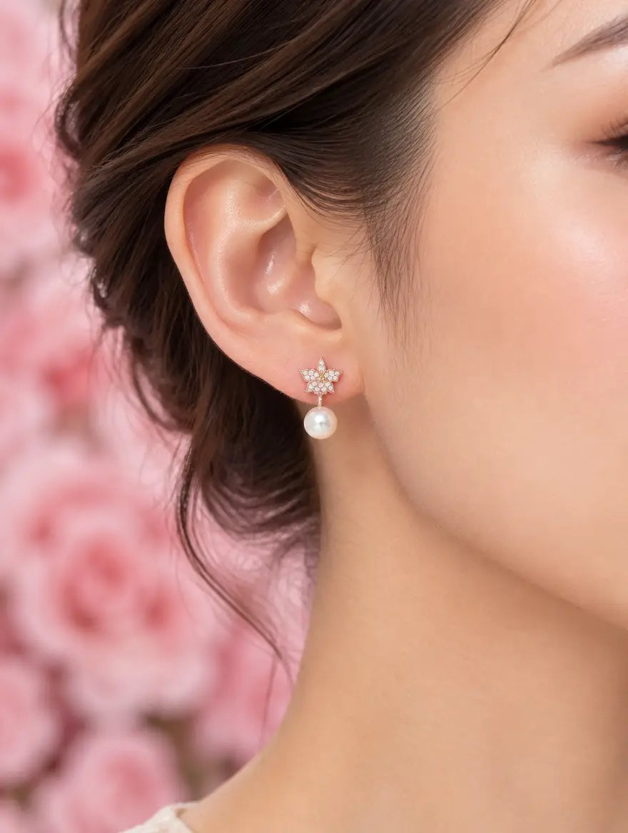 cattleya orchid stud earrings, pearl, 18K gold plated sterling silver, worn on model ear, wide crop – Orchidique