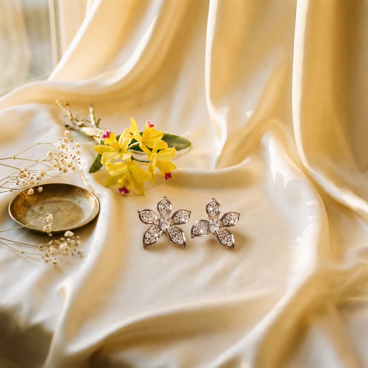 Cattleya Orchid Zircon Stud Earrings • Gold, Rose Gold, or White Gold Silver - Orchidique