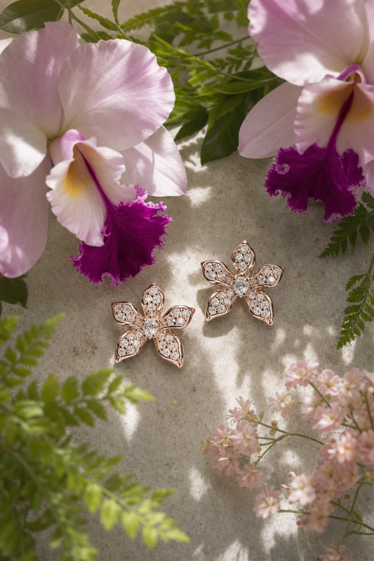 Cattleya Orchid Zircon Stud Earrings • Gold, Rose Gold, or White Gold Silver - Orchidique
