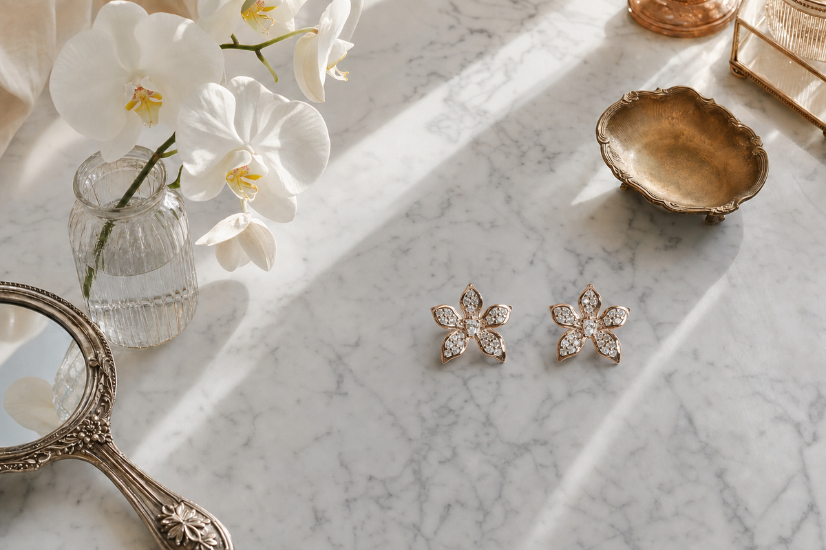 Cattleya Orchid Zircon Stud Earrings • Gold, Rose Gold, or White Gold Silver - Orchidique
