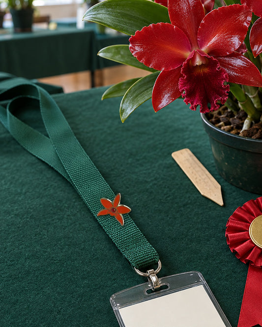 Orange Cattlianthe Sagarik Wax orchid enamel pin with red crystal on a green orchid society lanyard beside a blooming Cattleya