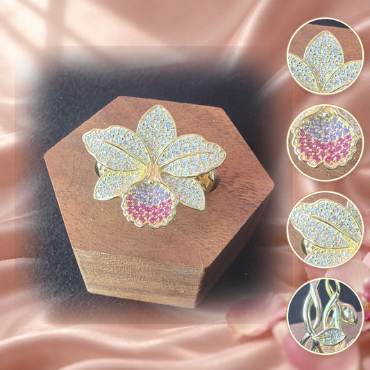 Corsage Cattleya Orchid Ring in zircon pavé with pink and purple lip, detail close-ups — Orchidique
