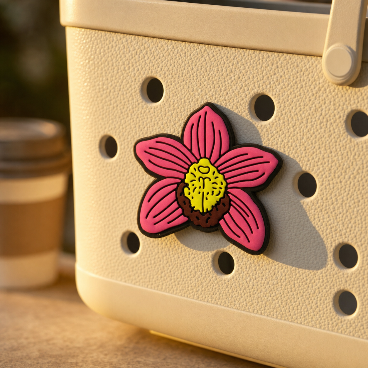 Pink Cymbidium orchid bag charm close-up popped into cream tote drainage hole at coffee shop - Orchidique