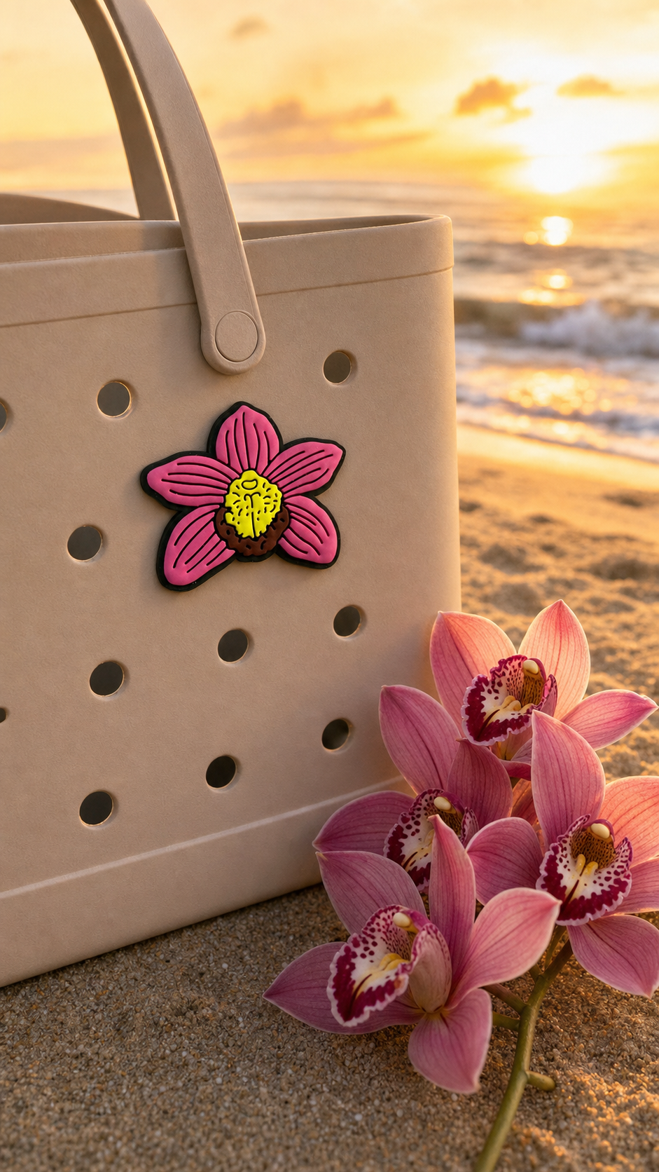 Pink Cymbidium orchid bag charm popped into beige tote drainage hole at sunset with real Cymbidium orchids - Orchidique