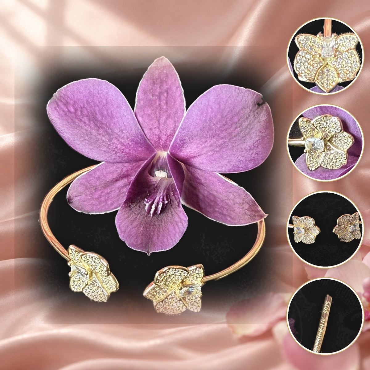 dendrobium orchid bangle, shimmer, clear zircon, 14K gold plated sterling silver – Orchidique