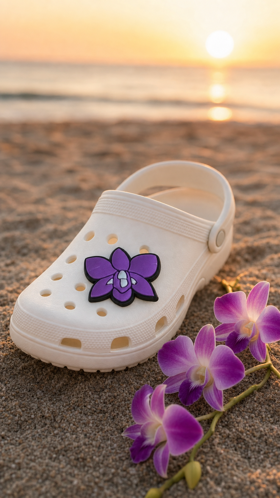 Purple Dendrobium orchid clog charm on white rubber clog at sunset with real purple orchids - Orchidique
