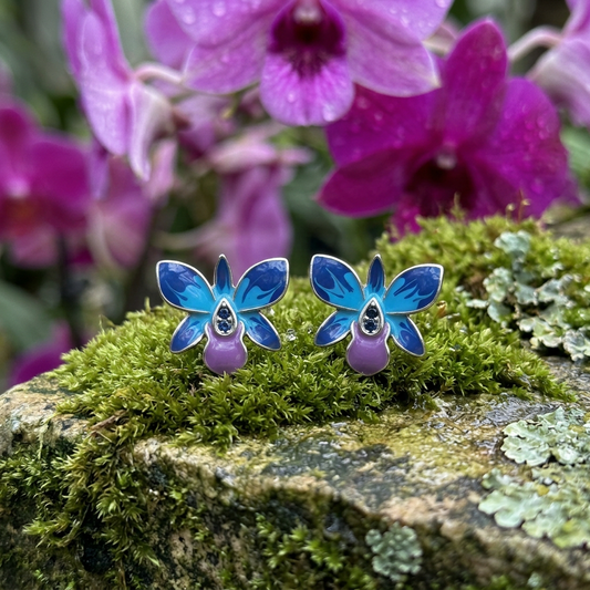 Dendrobium Orchid Jewelry Set - Blue & Purple Enamel - Greenhouse Setting - Orchidique