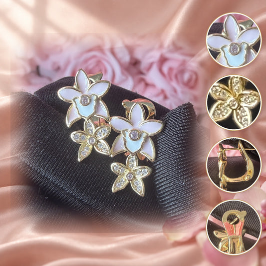 Double Cattleya Orchid Huggie Earrings, white enamel with zircon, detail close-ups — Orchidique