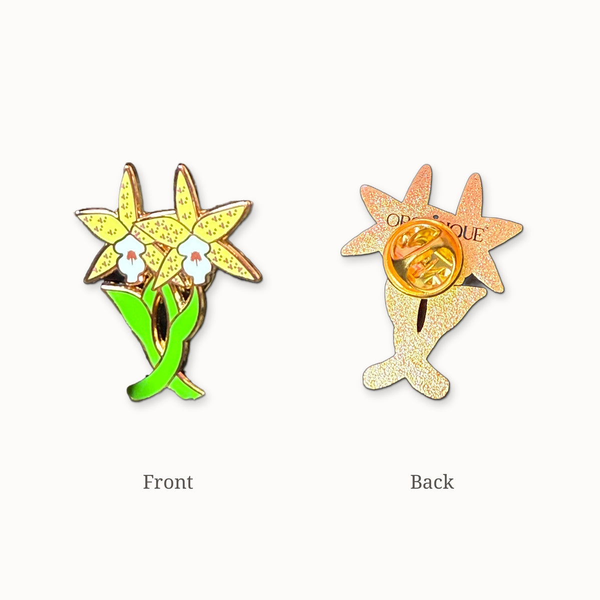 Double Laelia Cattleya enamel pin front and back, gold-tone metal with pink glitter back, ORCHIDIQUE stamp and gold butterfly clutch