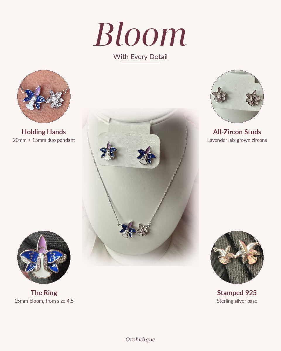 Cattleya violacea orchid necklace, studs and ring — Bloom With Every Detail: duo pendant, lavender zircon studs, enamel ring, 925 stamp