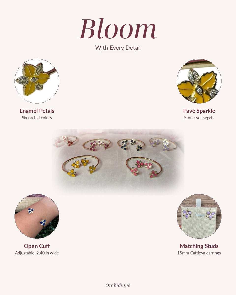 Cattleya orchid cuff bangle and stud earrings — Bloom With Every Detail: enamel petals, pavé sparkle, open cuff, matching studs
