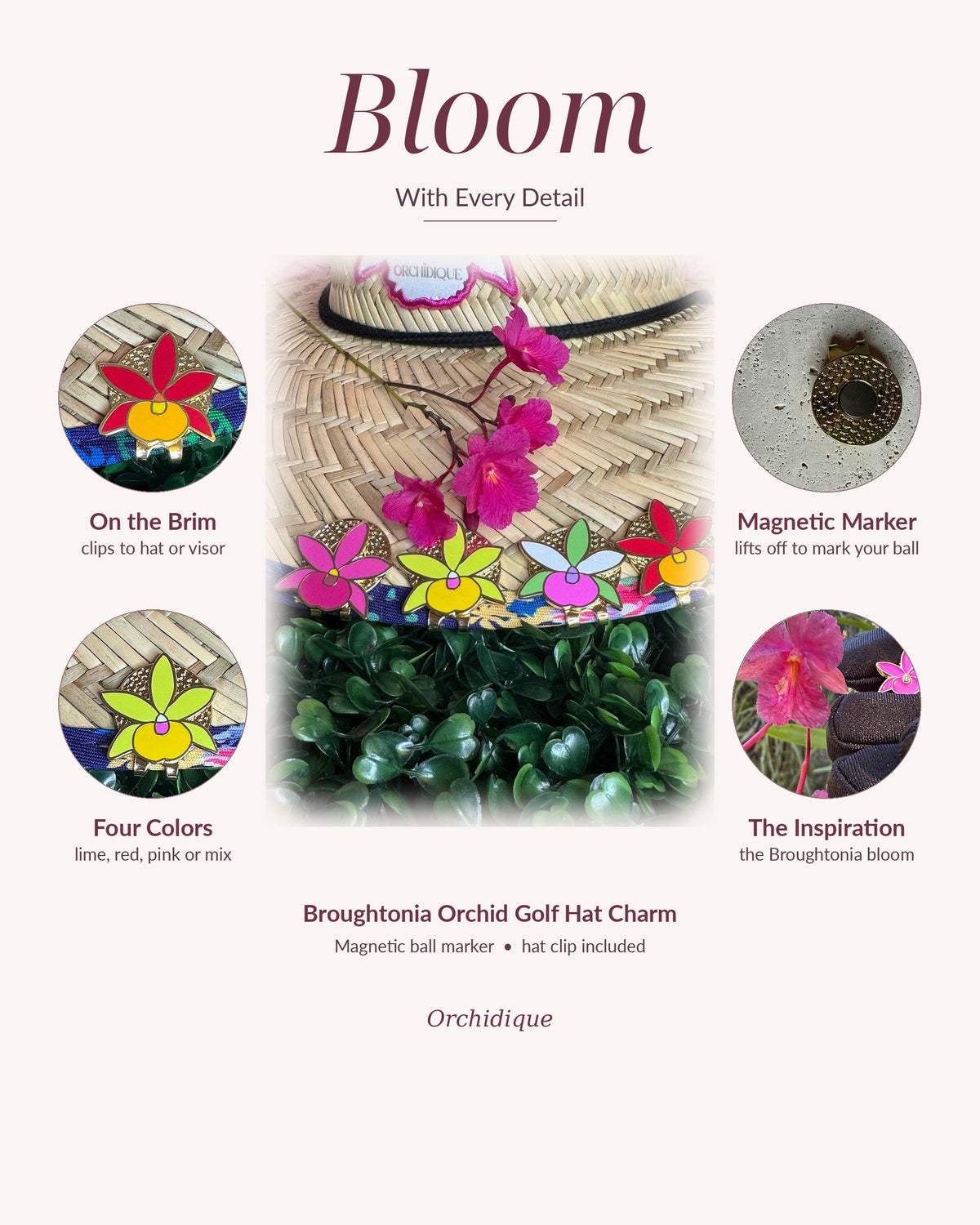Broughtonia Orchid golf hat charm and magnetic ball marker, Bloom With Every Detail
