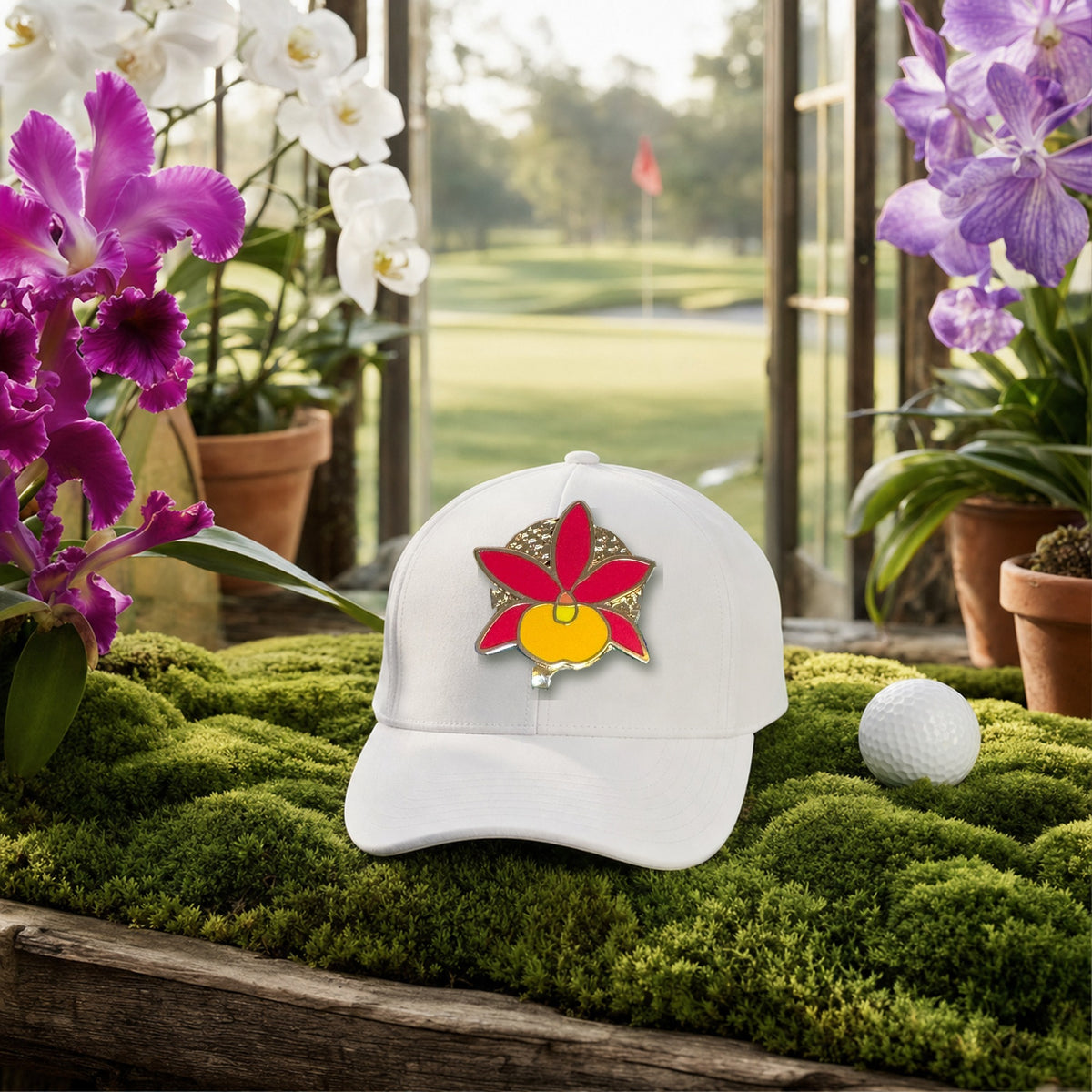 Broughtonia Orchid golf hat charm on a white golf cap in a moss greenhouse overlooking the golf course