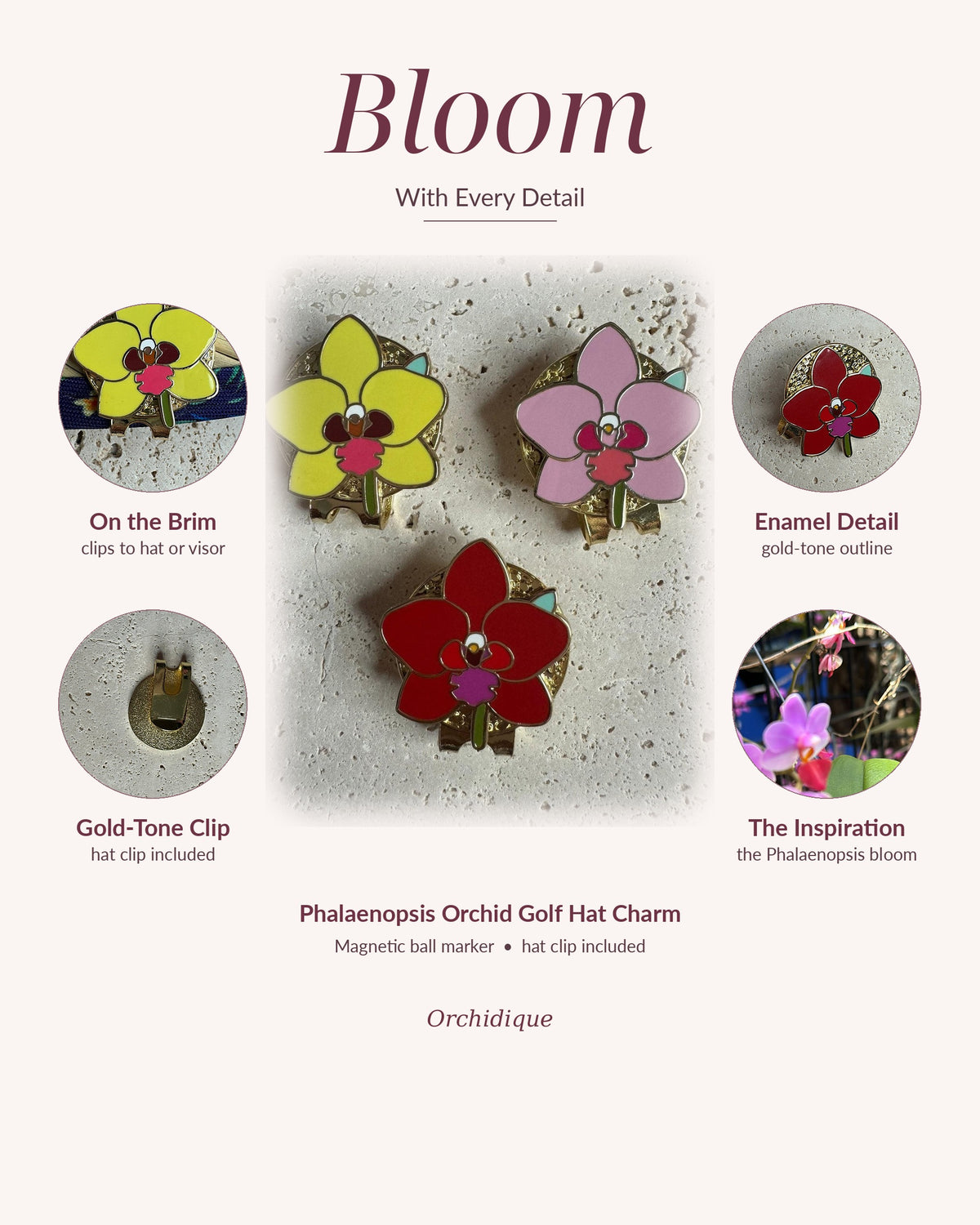 Phalaenopsis Orchid golf hat charm and magnetic ball marker, Bloom With Every Detail