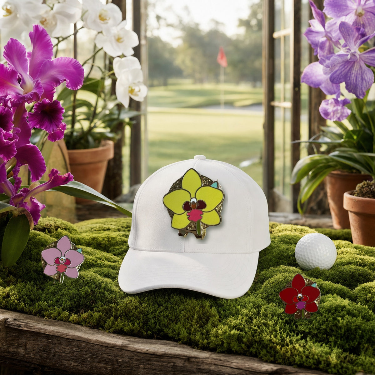 Phalaenopsis Orchid golf hat charm on a white golf cap in a moss greenhouse overlooking the golf course