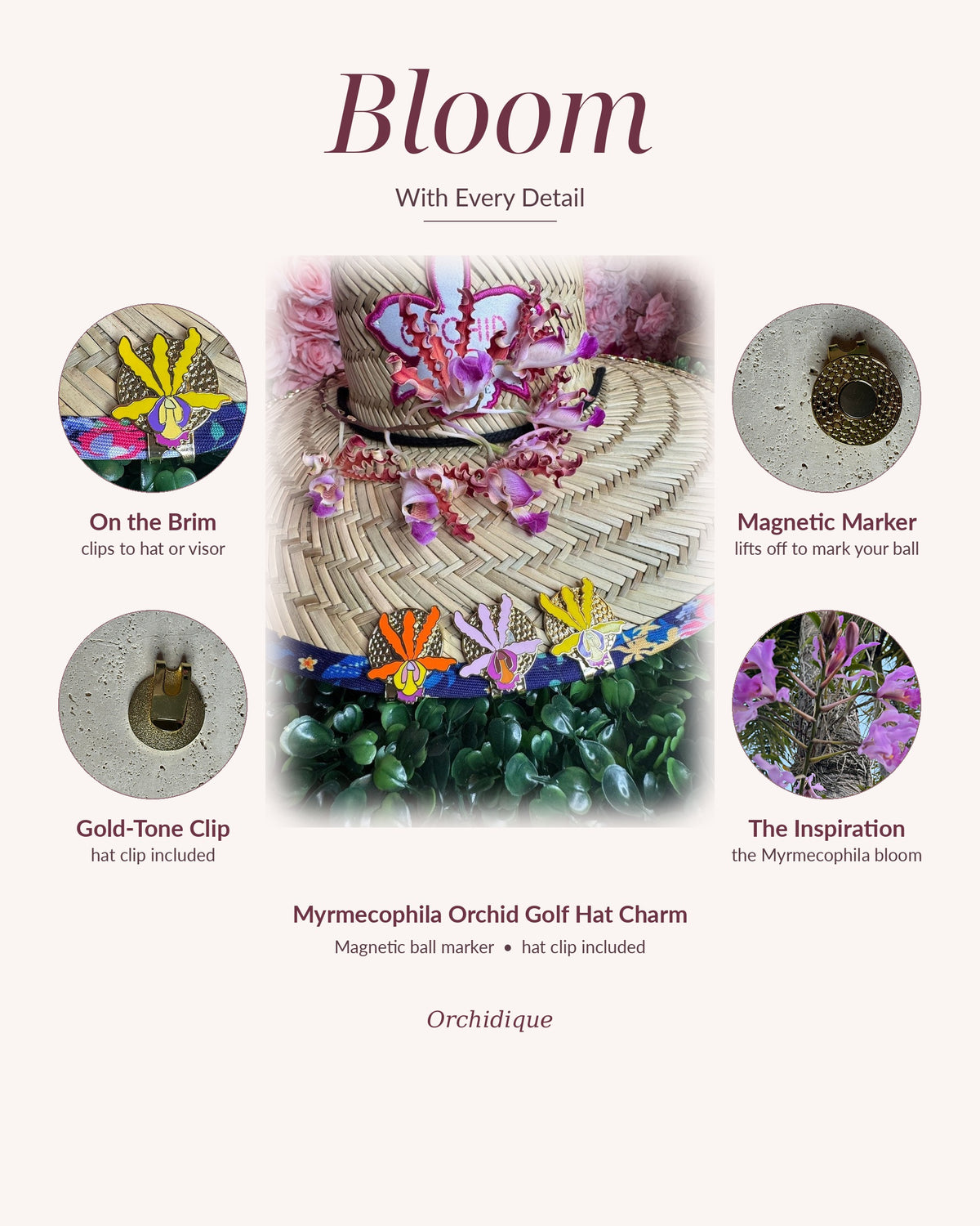Myrmecophila Orchid golf hat charm and magnetic ball marker, Bloom With Every Detail