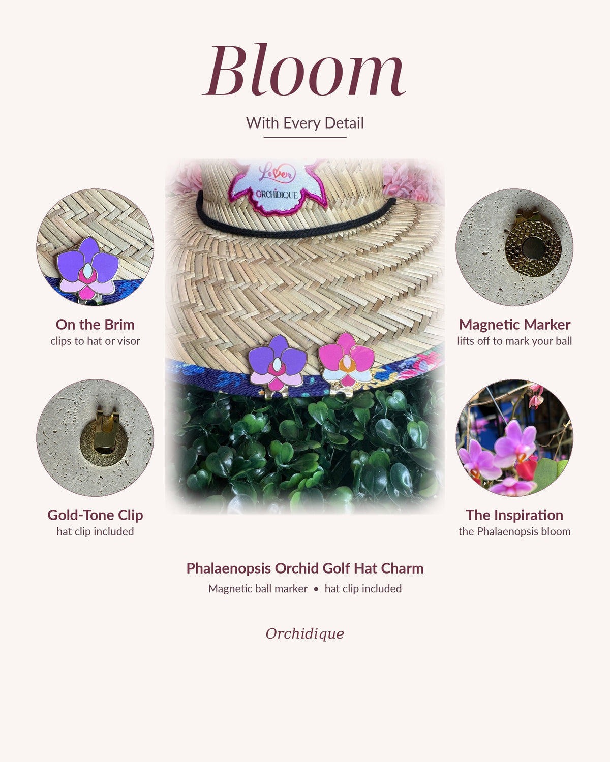 Phalaenopsis Orchid golf hat charm and magnetic ball marker, Bloom With Every Detail