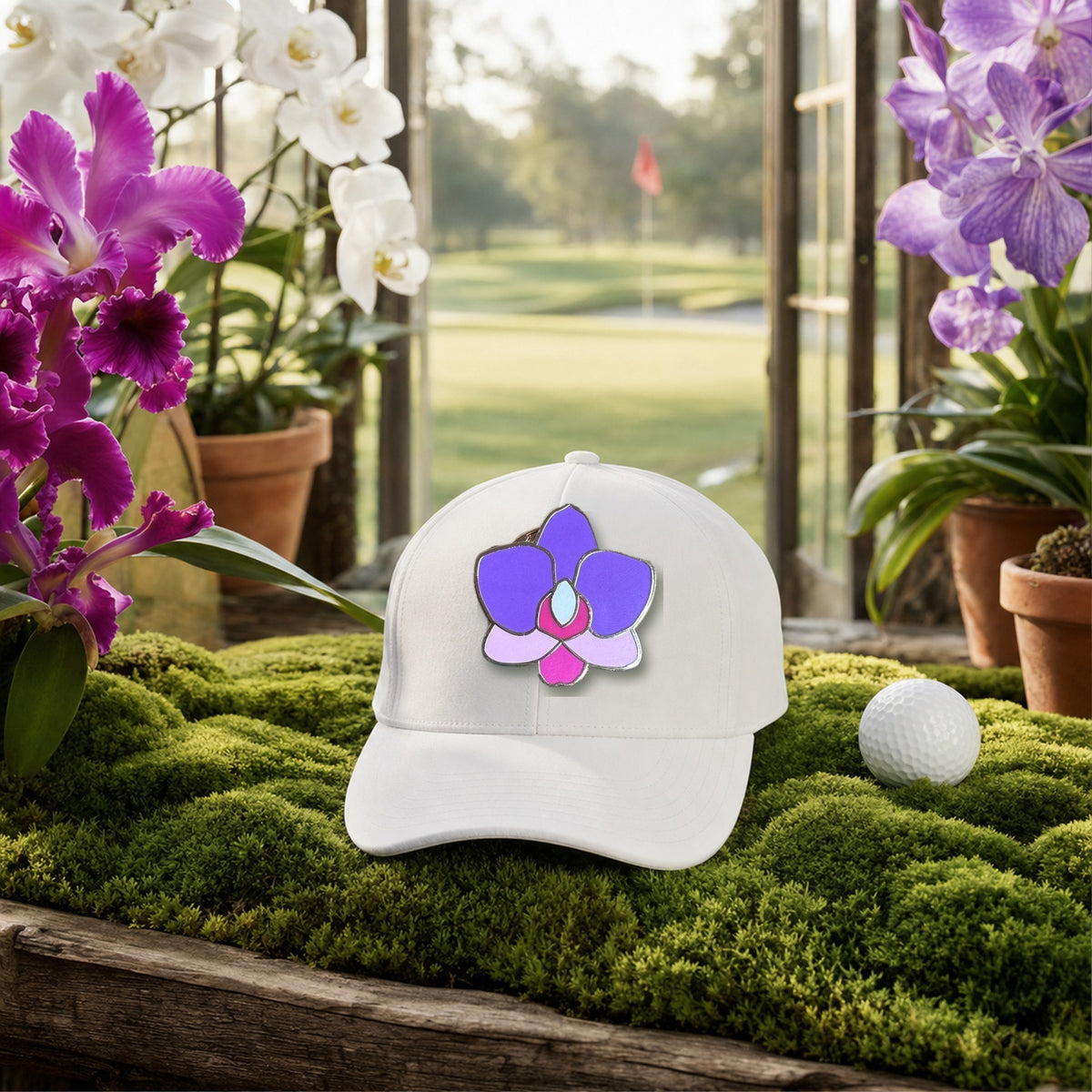 Phalaenopsis Orchid golf hat charm on a white golf cap in a moss greenhouse overlooking the golf course