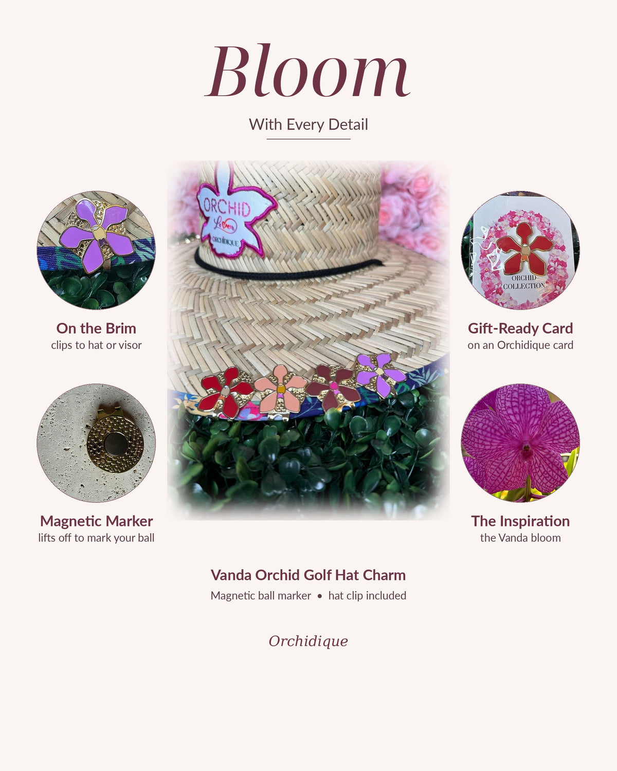 Vanda Orchid golf hat charm and magnetic ball marker, Bloom With Every Detail