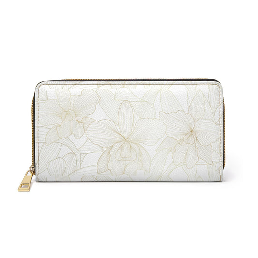 Gold Orchid Cattleya Zipper Wallet - Stylish Floral Coin Purse, Elegant Flower Print Card Holder, Small Fabric Pouch, Organizer Case, Cute - Orchidique