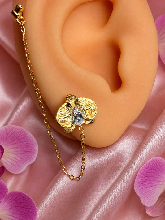 Phalaenopsis Orchid Gold Chain Cuff Earring • No-Piercing Ear Wrap - Orchidique