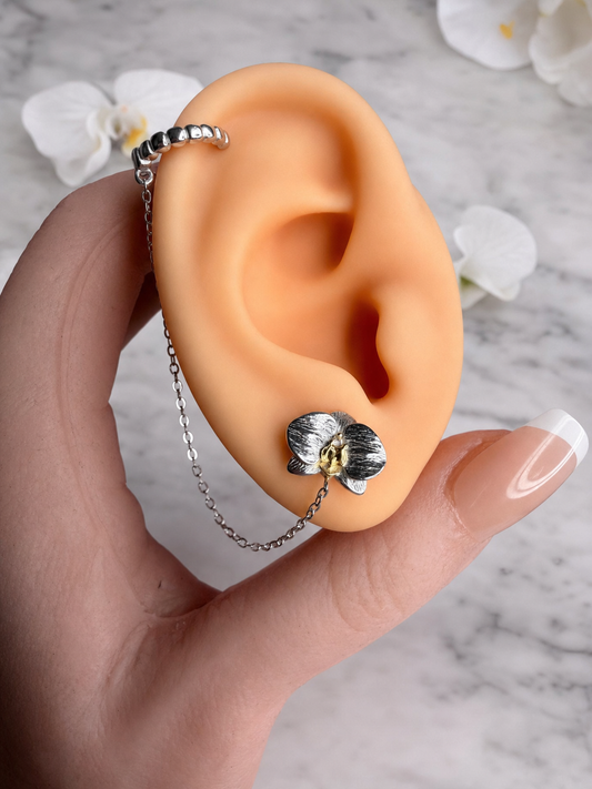 Phalaenopsis Orchid Silver Chain Cuff Earring • No-Piercing Ear Wrap - Orchidique