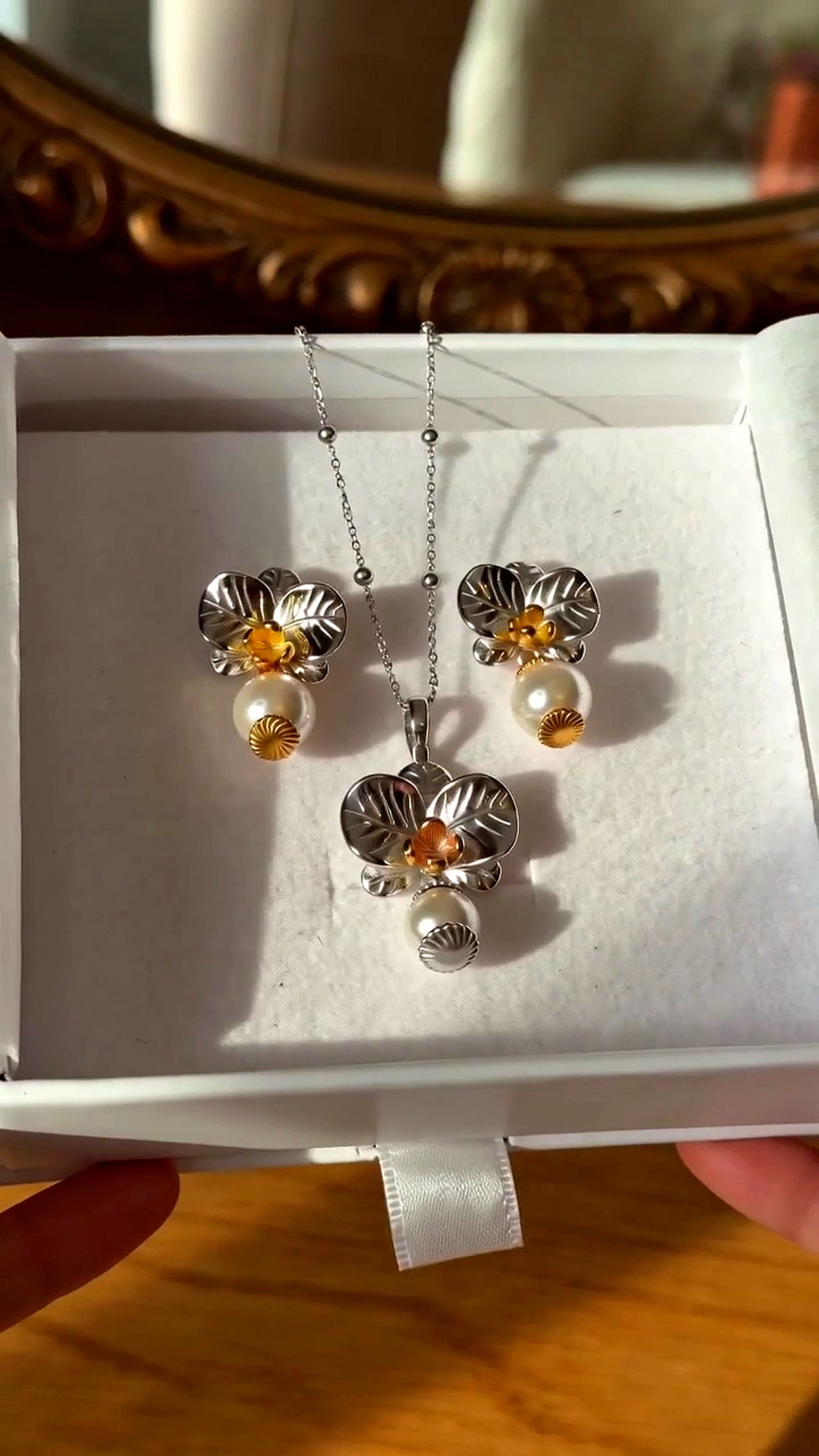 Pearl Orchid Collection: Phalaenopsis Pearl Drop Earrings and Pendant White Gold Plated Necklace Jewelry - Orchidique