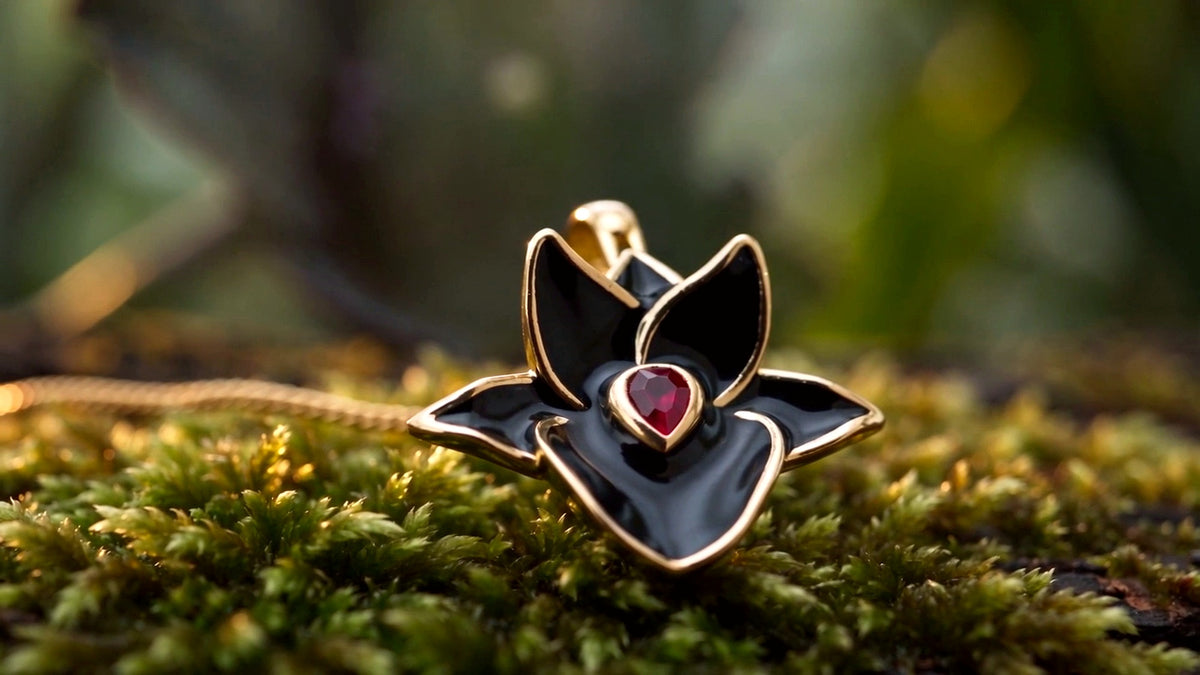 Black Catasetum Orchid Jewelry Set • 925 Silver • 14K Gold • Black Enamel • Ruby Heart Center - Orchidique