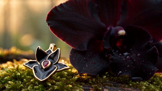 Black Catasetum Orchid Jewelry Set • 925 Silver • 14K Gold • Black Enamel • Ruby Heart Center - Orchidique