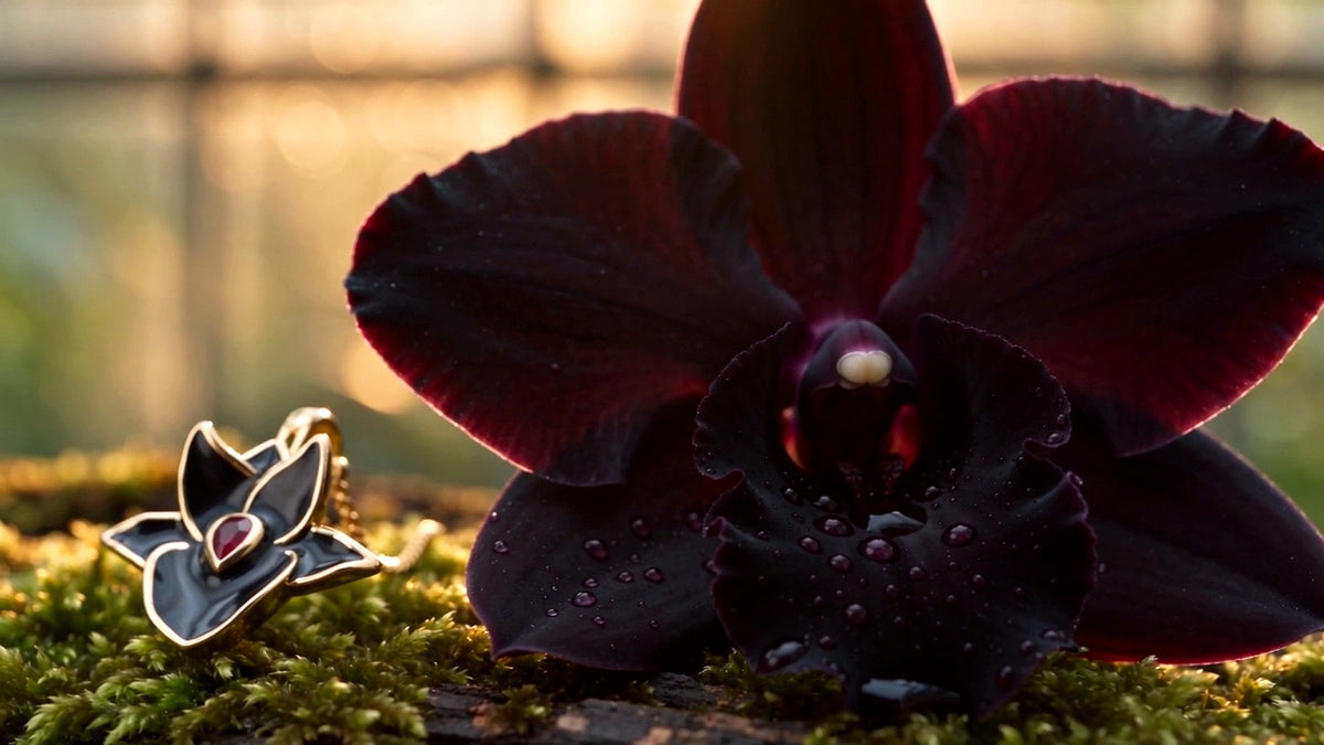 Black Catasetum Orchid Jewelry Set • 925 Silver • 14K Gold • Black Enamel • Ruby Heart Center - Orchidique