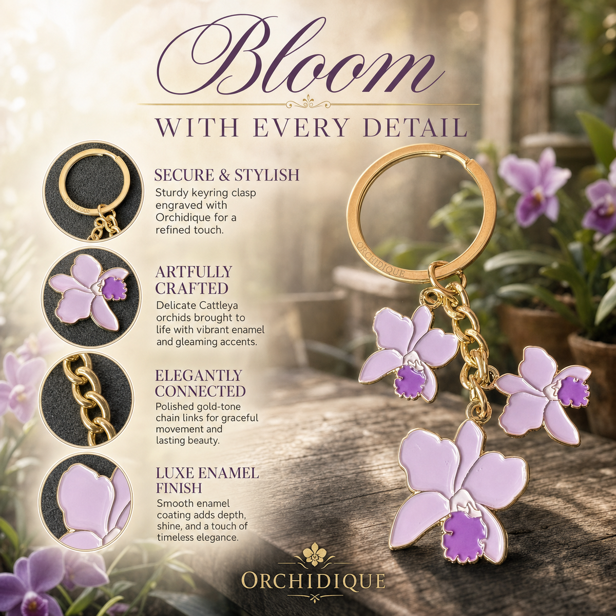 cattleya orchid bag charm, purple enamel, zinc alloy, detail view – Orchidique