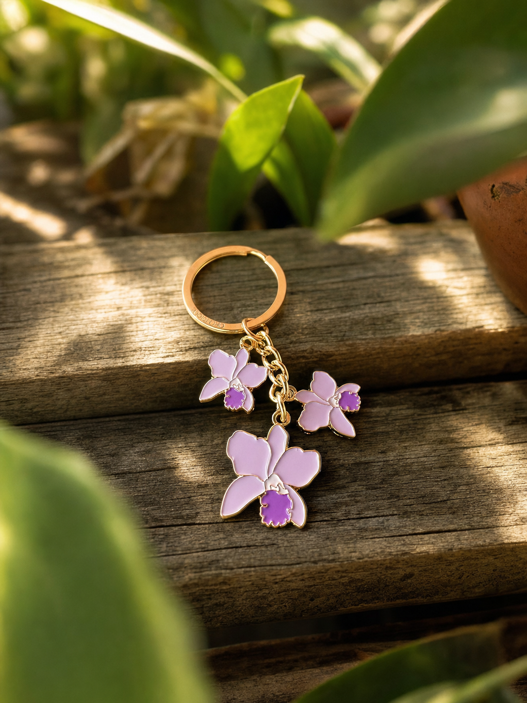 cattleya orchid bag charm, purple enamel, zinc alloy, tenth view – Orchidique