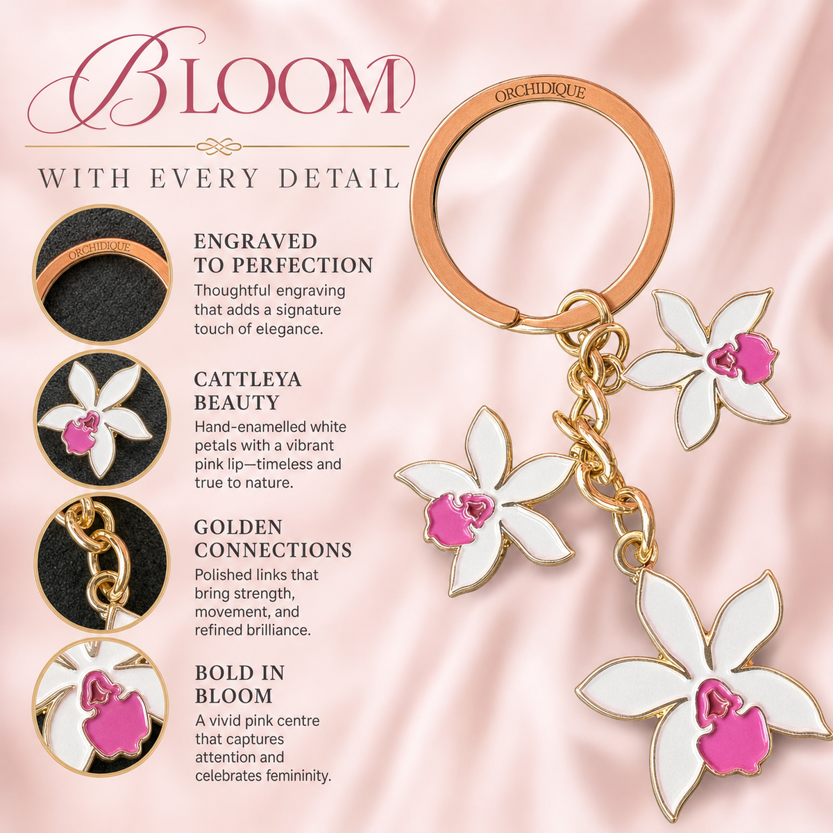 Cattleya Orchid Keychain • White Enamel Flower Charm • Orchid Lover Gift - Orchidique