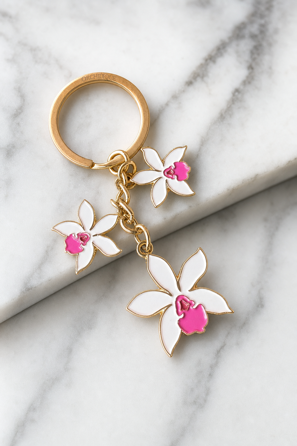 Cattleya Orchid Keychain • White Enamel Flower Charm • Orchid Lover Gift - Orchidique
