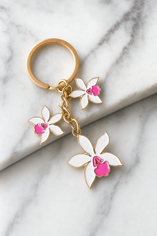 Cattleya Orchid Keychain • White Enamel Flower Charm • Orchid Lover Gift - Orchidique