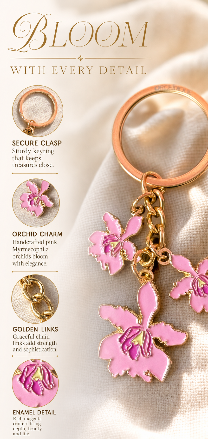 Myrmecophila Orchid Keychain • Pink Enamel Flower Charm • Botanical Gift - Orchidique