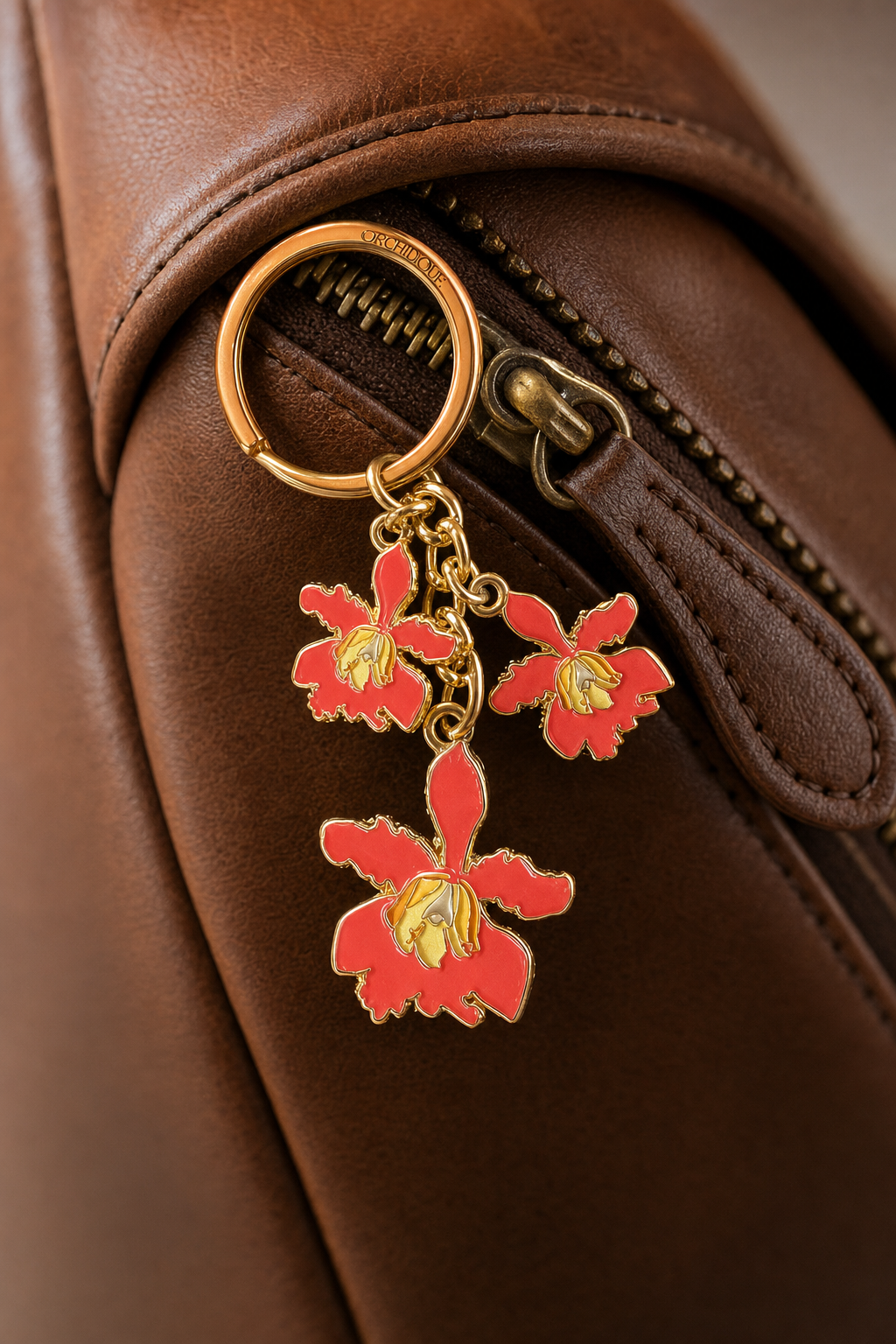 myrmecophila orchid bag charm, red enamel, zinc alloy, alternate view – Orchidique