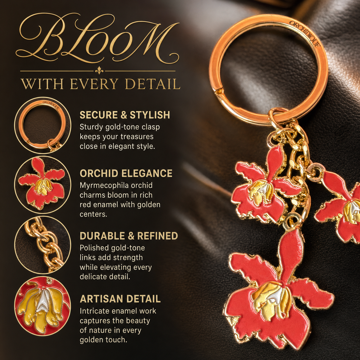 myrmecophila orchid bag charm, red enamel, zinc alloy, detail view – Orchidique