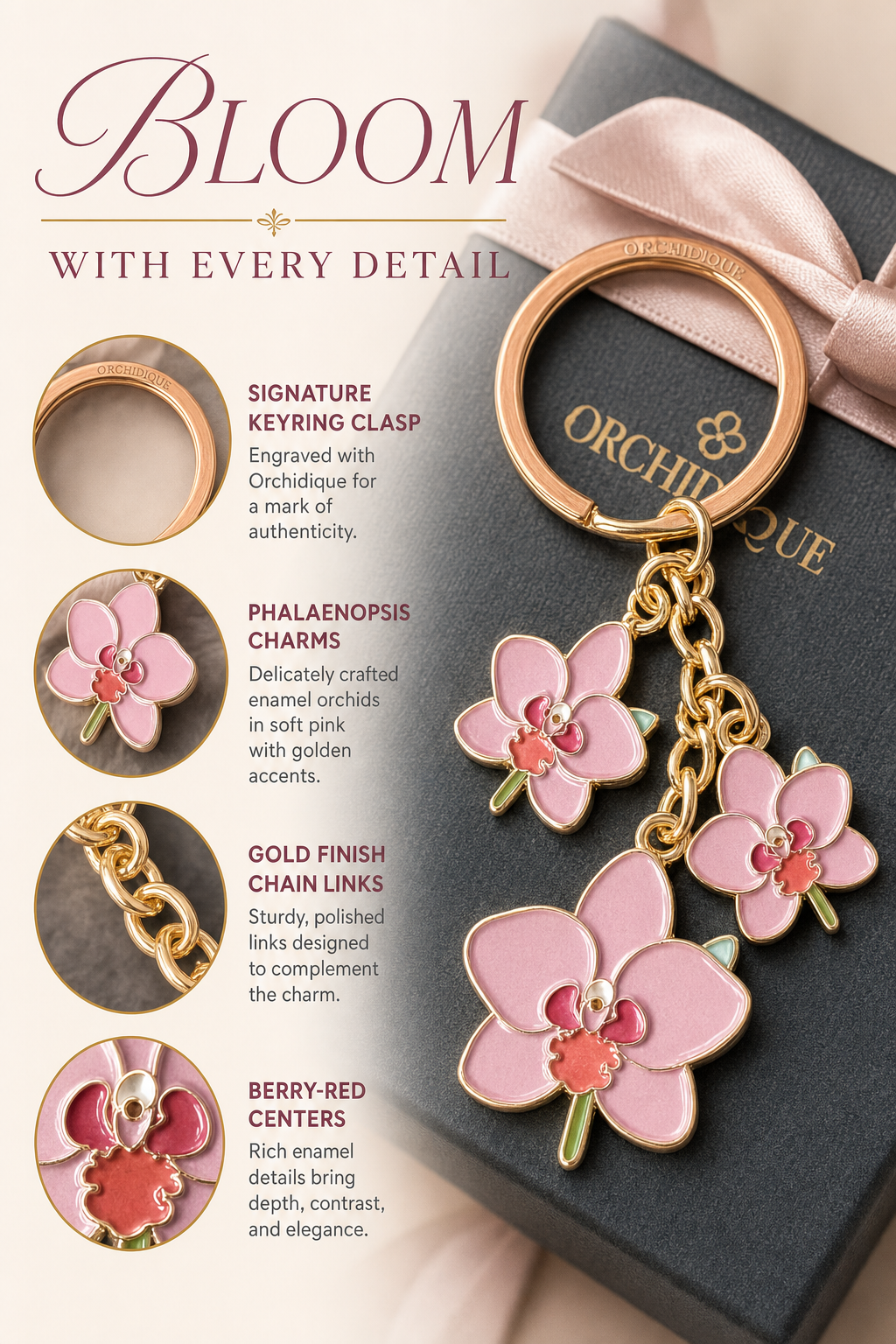 Phalaenopsis Orchid Keychain • Pink Enamel Flower Charm • Orchid Gift - Orchidique