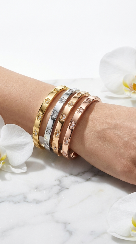 Synchrony Aloha: Cattleya Tri-Color Overlay Bangle | Gold Plated- Tarnish Free Bracelet - Orchidique