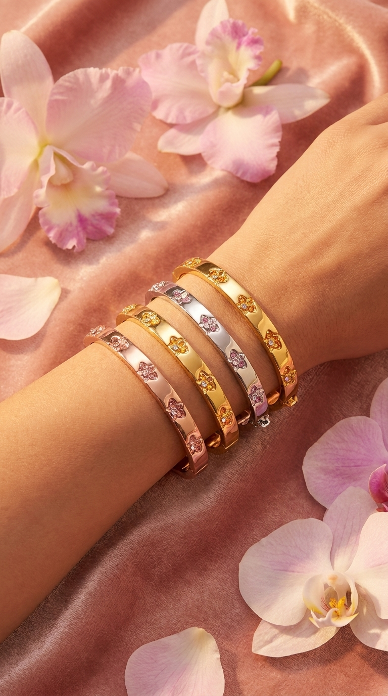 Synchrony Aloha: Cattleya Tri-Color Overlay Bangle | Gold Plated- Tarnish Free Bracelet - Orchidique