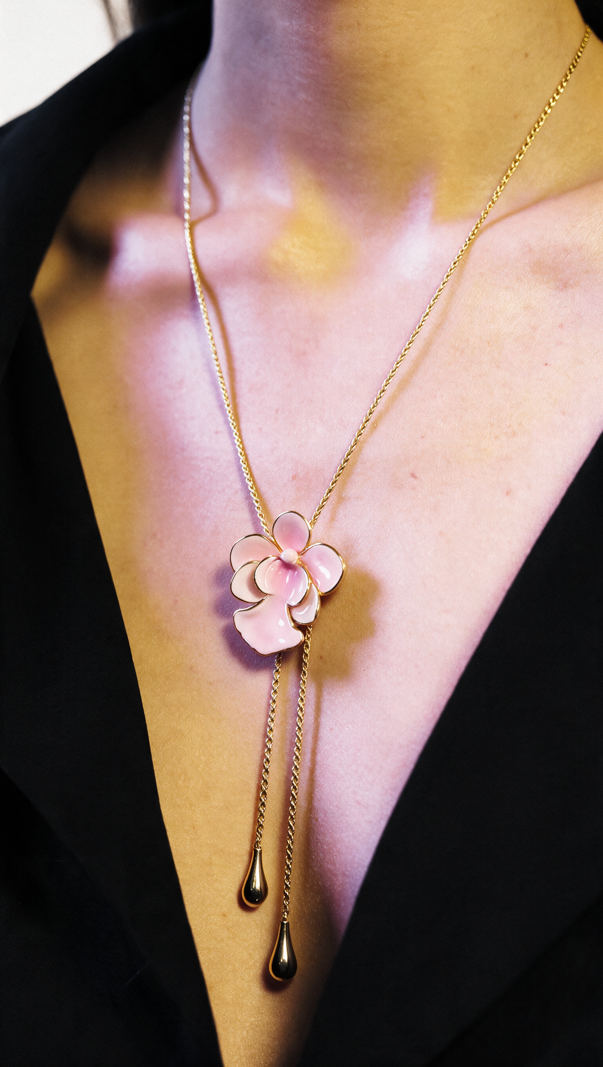 Vanda Miss Joaquim Orchid Lariat Necklace • Pink Enamel • Adjustable Gold Rope Chain