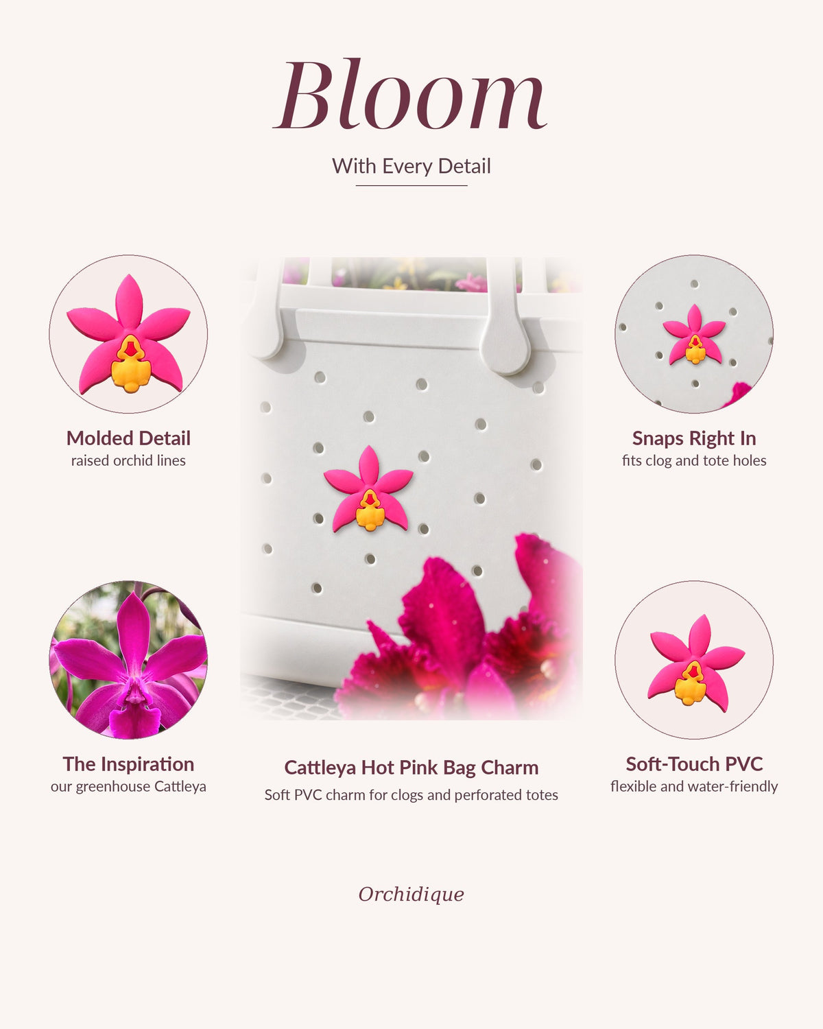 Hot pink Cattleya orchid bag charm detail callouts