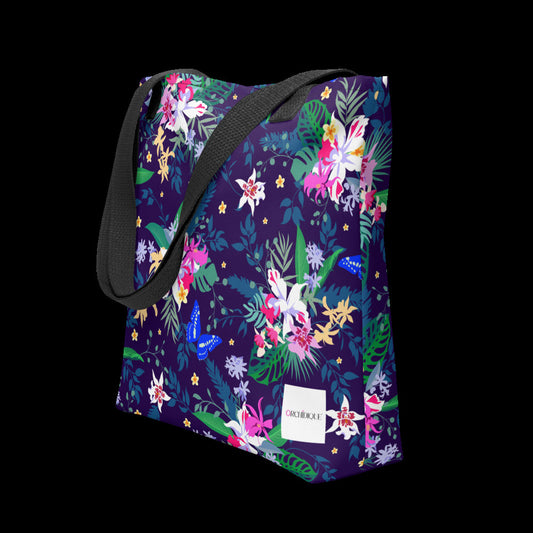 Midnight Orchid Shopping Tote • Elegant Floral DesignBag • Beach & Evening Essential Tote