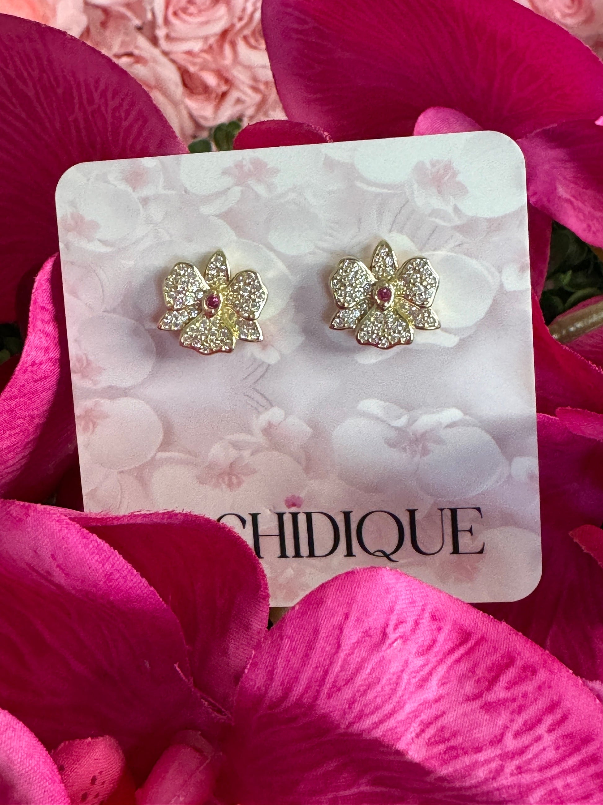 Gold Dendrobium Orchid Earrings • Zircon Sparkle  Jewelry • Gold Flower Stud Earrings • Unique Flower Jewelry Gift - Orchidique