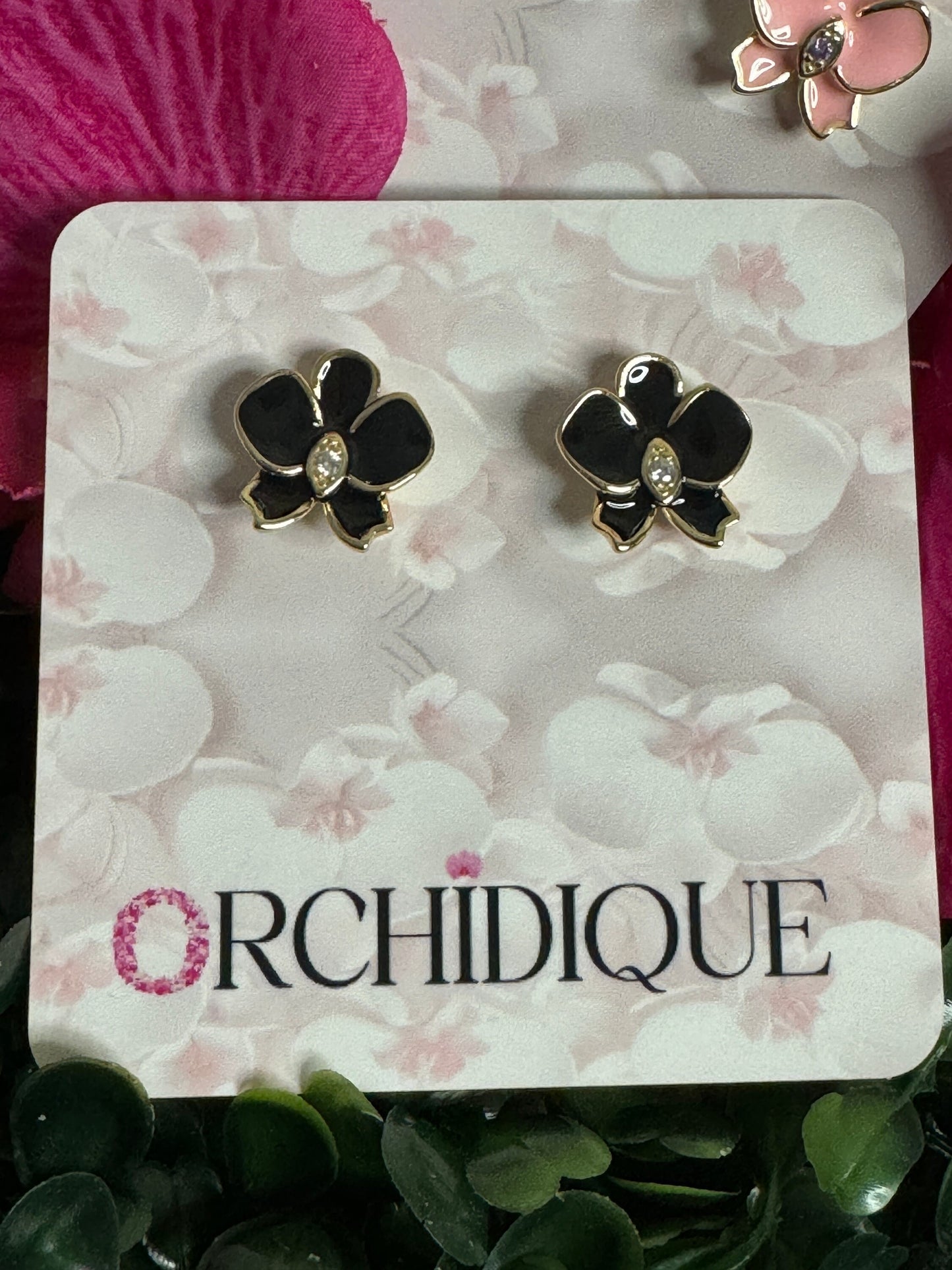 Orchid Enamel Whispers: Gold Phalaenopsis Orchid Flower Earrings • Sterling Silver with Zircon Accents • Unique Statement Jewelry