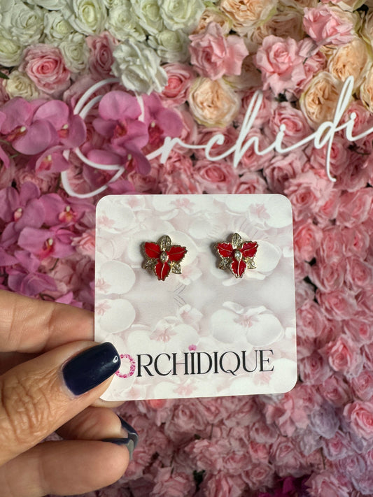 Queens Red Enamel: Gold Orchid Earrings • Orchid Flower Studs • Sterling Silver Cattleya Flower Studs • Flower Earrings • Zircon Jewelry