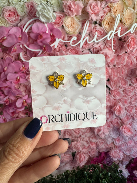 Queens Yellow Enamel: Gold Orchid Earrings • Orchid Flower Studs • Sterling Silver Cattleya Flower Studs • Flower Earrings • Zircon Jewelry